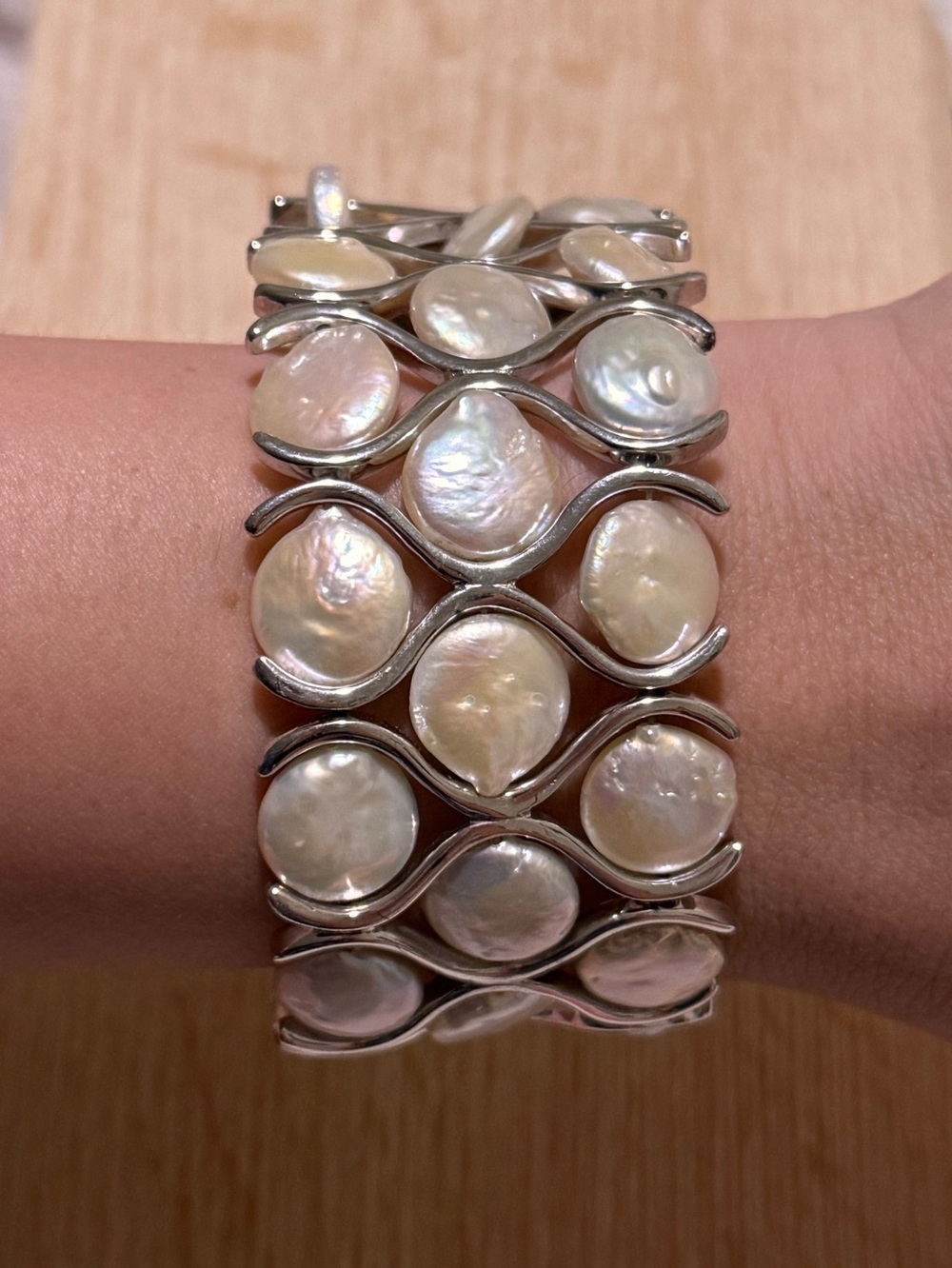 Vintage Silver & Coin Pearl Lattice Statement Cuff Bracelet Beachy
